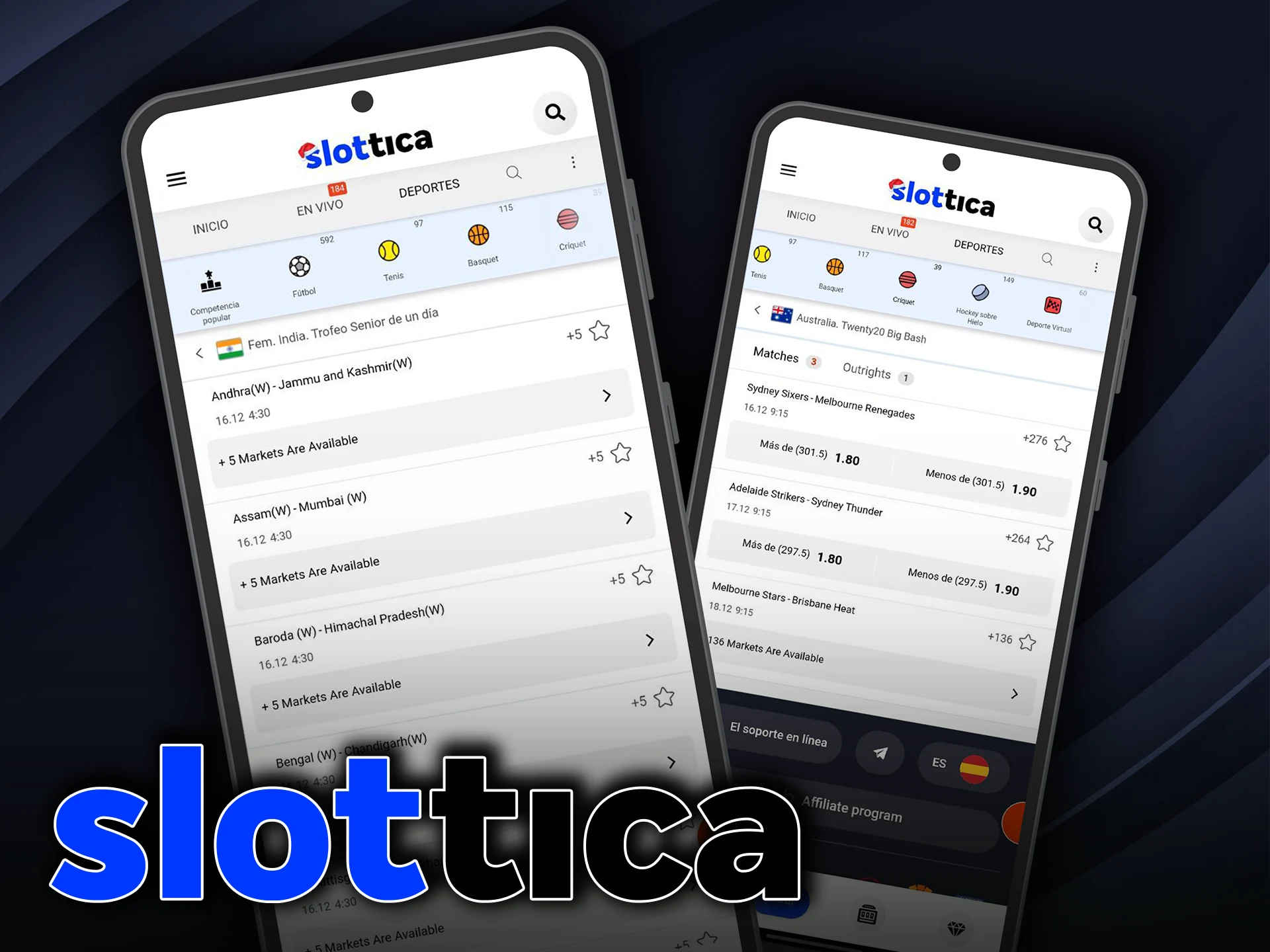 La aplicación Slottica para Android permite apostar al críquet desde cualquier lugar y en cualquier momento.